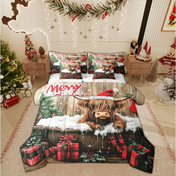 Feelyou Christmas Cow Twin Bedding Sets 7-Piece, Rustic Farmhouse Animal Bedding Comforter Set, Xmas Tree Gifts Reversible Sheet Sets, Super Cozy Room Decor