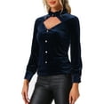 thumbnail image 4 of INSPIRE CHIC Women's Gochic Ruffled Stand Collar Cutout Long Sleeve Velvet Blouse L Dark Blue, 4 of 6
