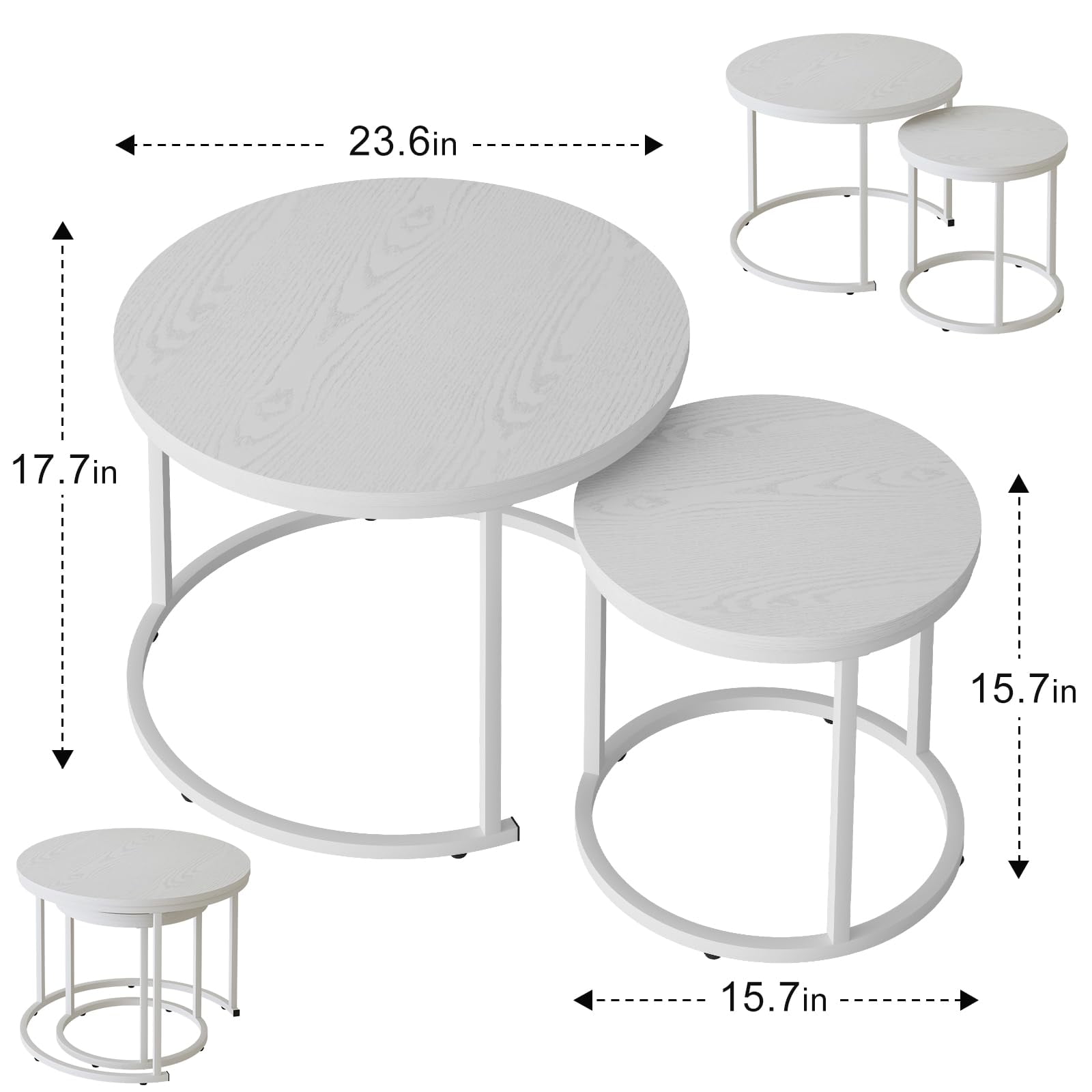 Nesting Coffee Table Round Side Table Set of 2 End Tables for Living Room Bedroom Balcony,White Wooden Stacking Accent Coffee Tables with Metal Frame