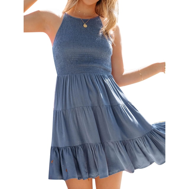 VISgogo Vestido Casual para Mujer, Cuello Redondo Sin Mangas Color Sólido Jersey Fruncido Línea A Mini Vestidos VISgogo moda