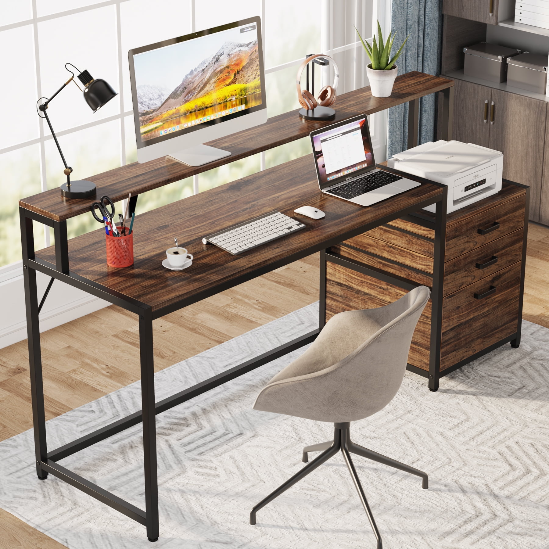 Tribesigns 63 Inch Computer Desk with Monitor Stand, Ergonomic Office Desks with Drawers File Cabinet