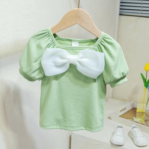 ATOGUTA Teen Girl T-Shirts Base Tees Summer Cute Tops Bowknot Short Sleeve Crewneck T Shirts Green, Size 6M-8