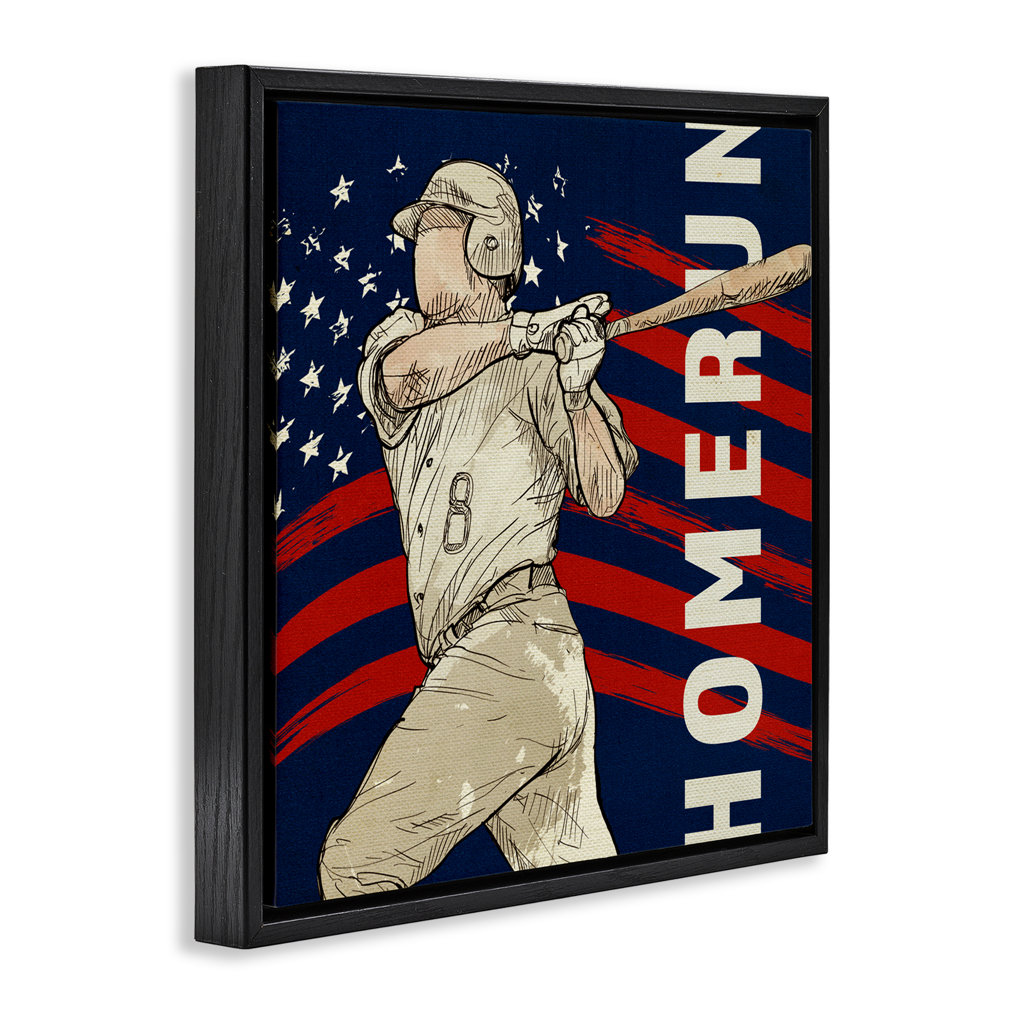 Patriotic Home Run Baseballer Black Framed Floater Canvas Wall Art, design by LightBoxJournal