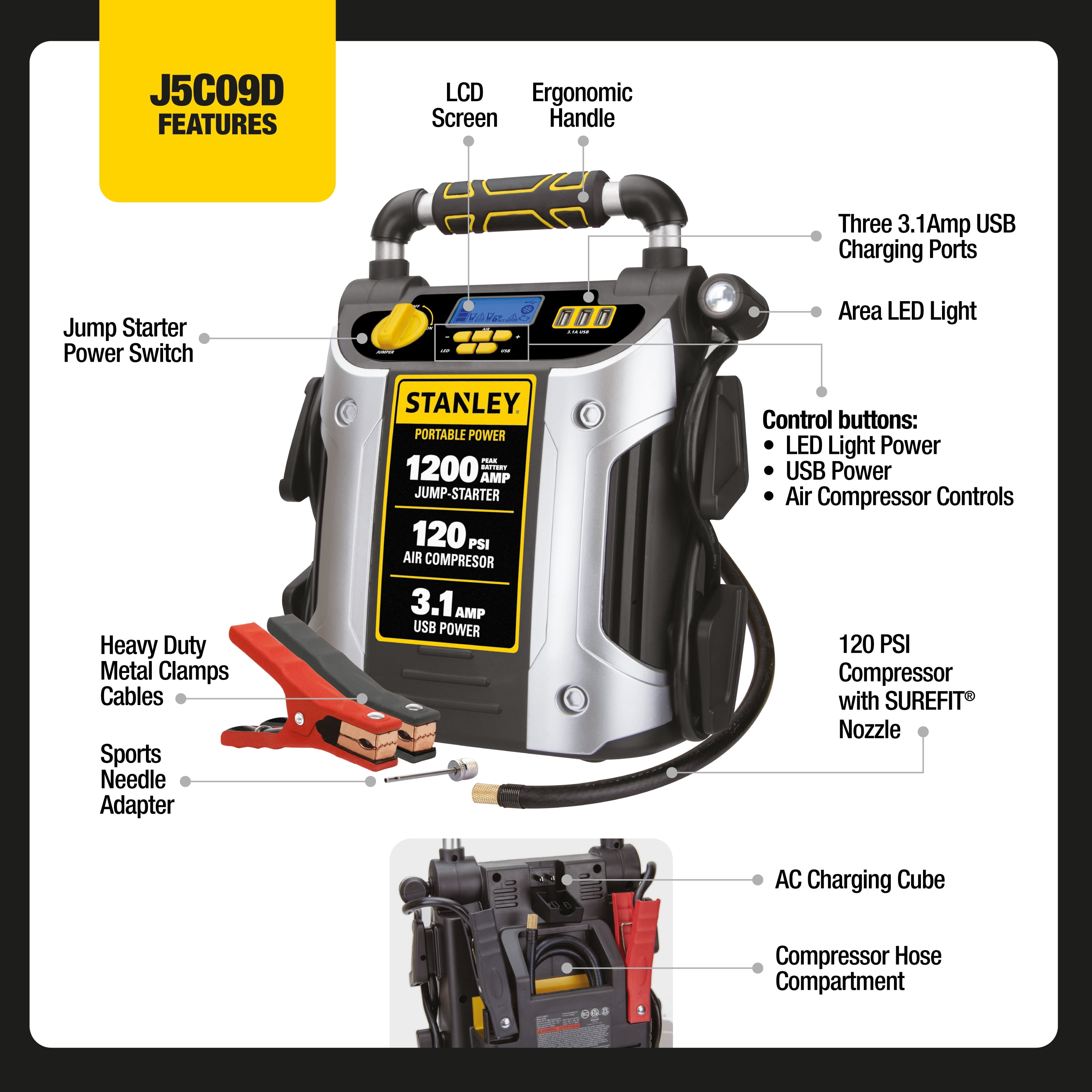 STANLEY J5C09D 1200 Peak Amp Portable Car Jump Starter with 120 PSI Air Compressor and USB Power