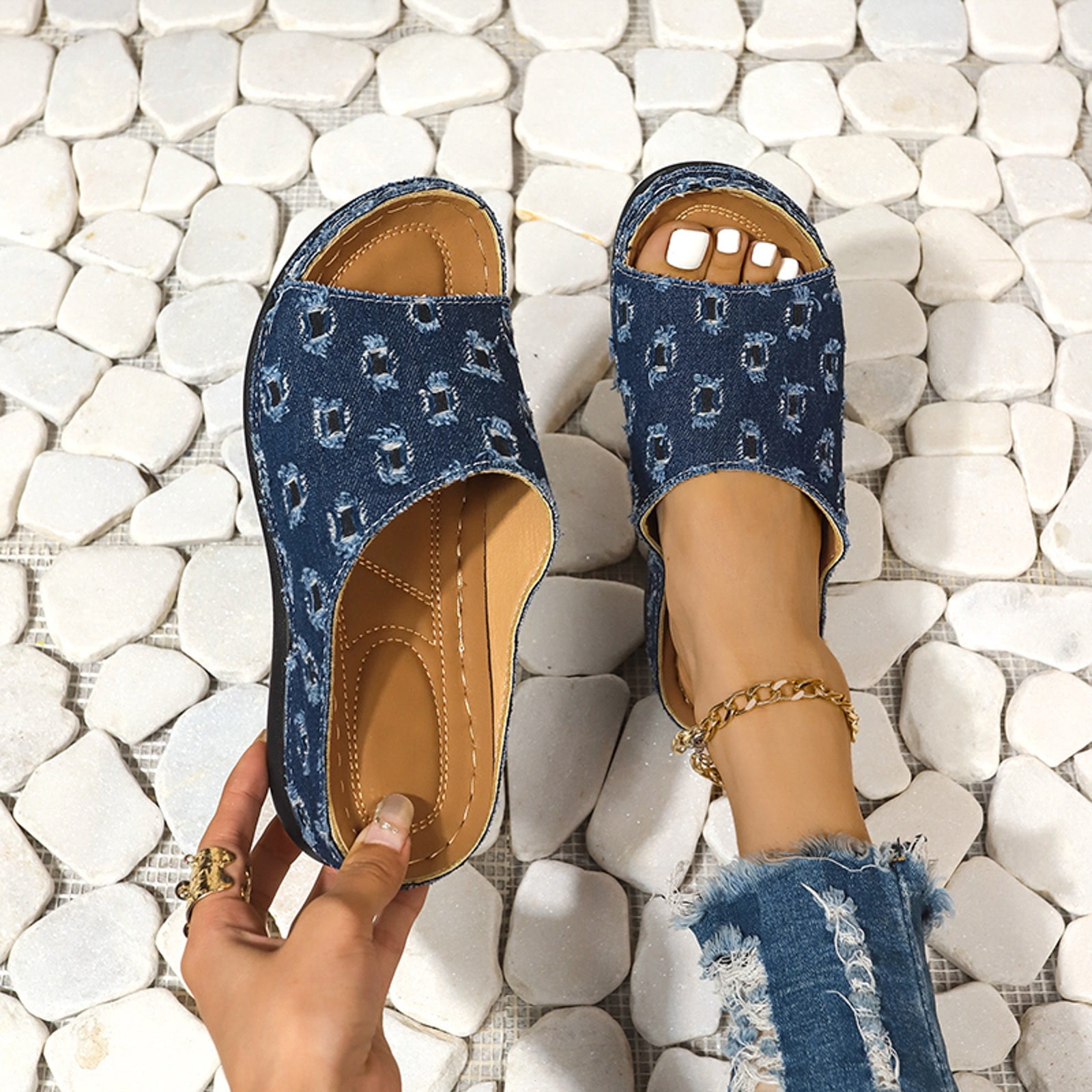 Mostsola Women's Trendy Wedges Open Toe Denim Splic Slides Sandals with Comfort Arch Support