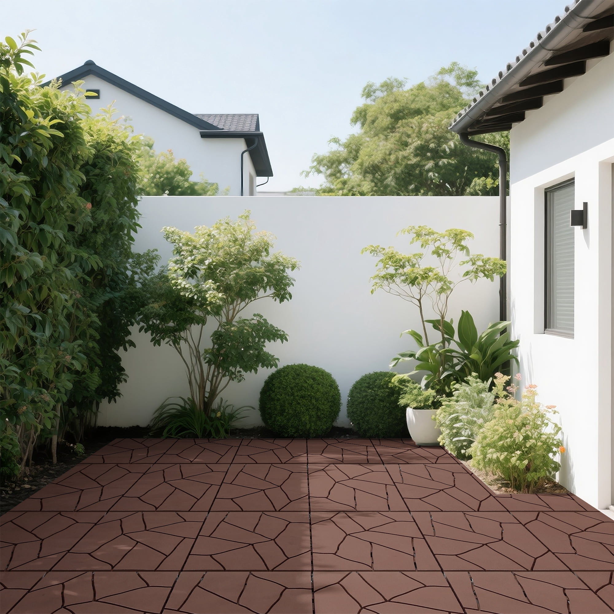 Stone Style 12" Patio Deck Tiles 44pcs Brown DIY Module Interlocking Floor Tiles PP Indoor Outdoor Quick Installation for Porch Poolside Balcony Backyard