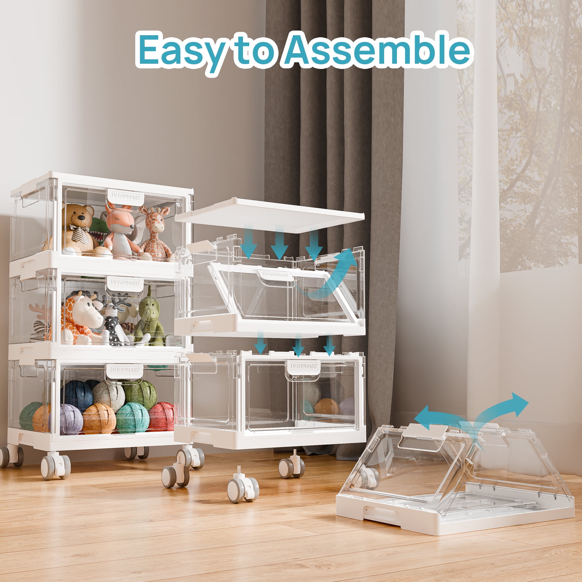 Sindcom 3-Layer Stackable Storage Bins, 72Qt Foldable Large Storage Containers with Lids, Storage Bins with wheels for Home Office Bedroom, Bathroom, White