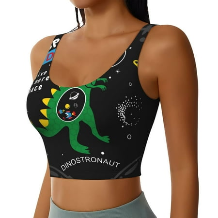 Haiem Space Dino Cartoon Black Pattern Womens Sports Bra - U Neck Padded Low Impact Yoga Bra Workout Crop Top Gym Moisture-Wicking Workout Vest -X-Large