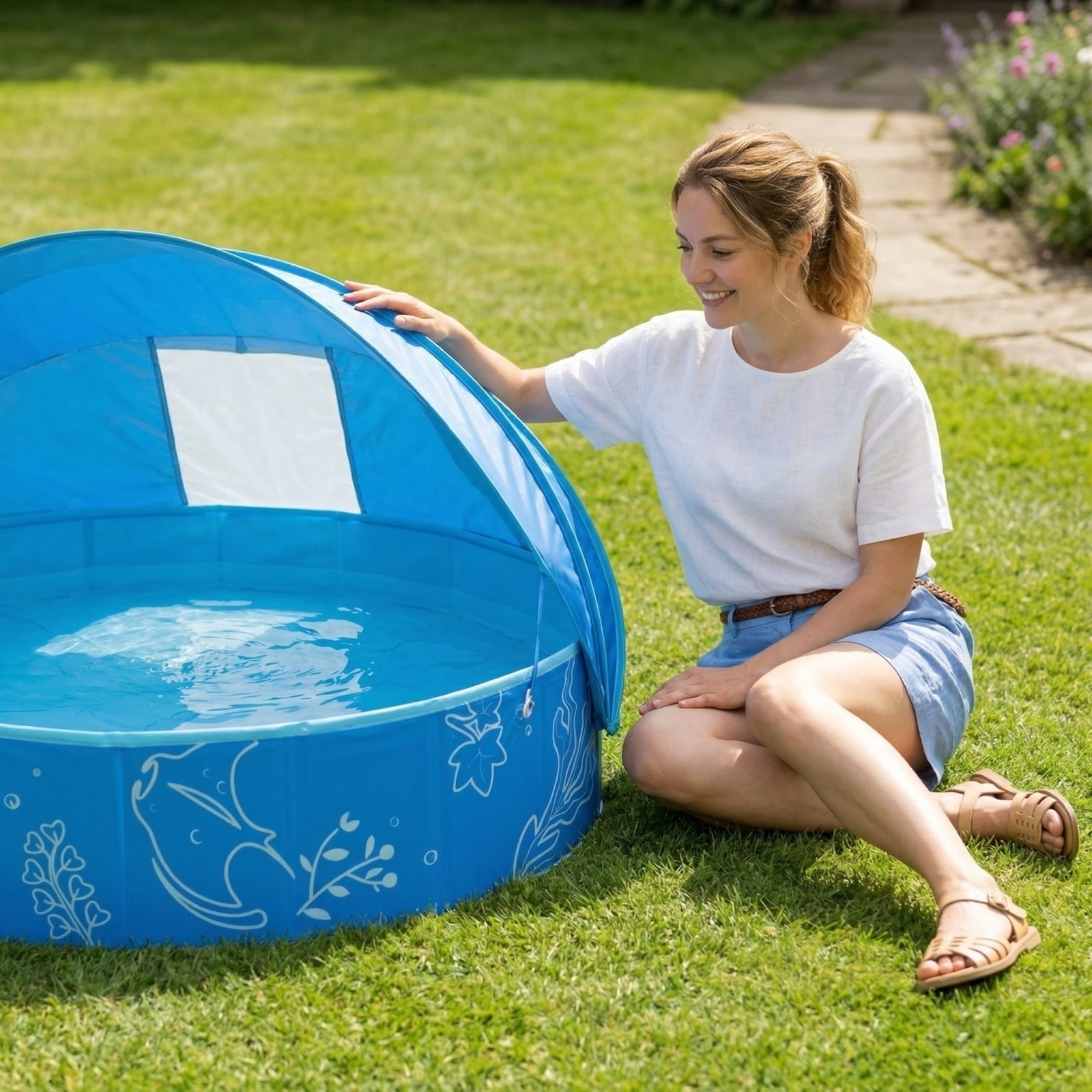 Foldable Kiddie Pool with Canopy,kids pool,Kids Family - Summer Water Play Pool with Shade - Portable for Outdoor Backyard Beach (Green)
