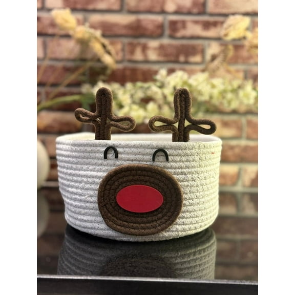 Christmas Reindeer Rope Storage Basket – Cute Woven Cotton Rope Organizer Bin for Holiday Decor, Toys, Gifts & Home Storage