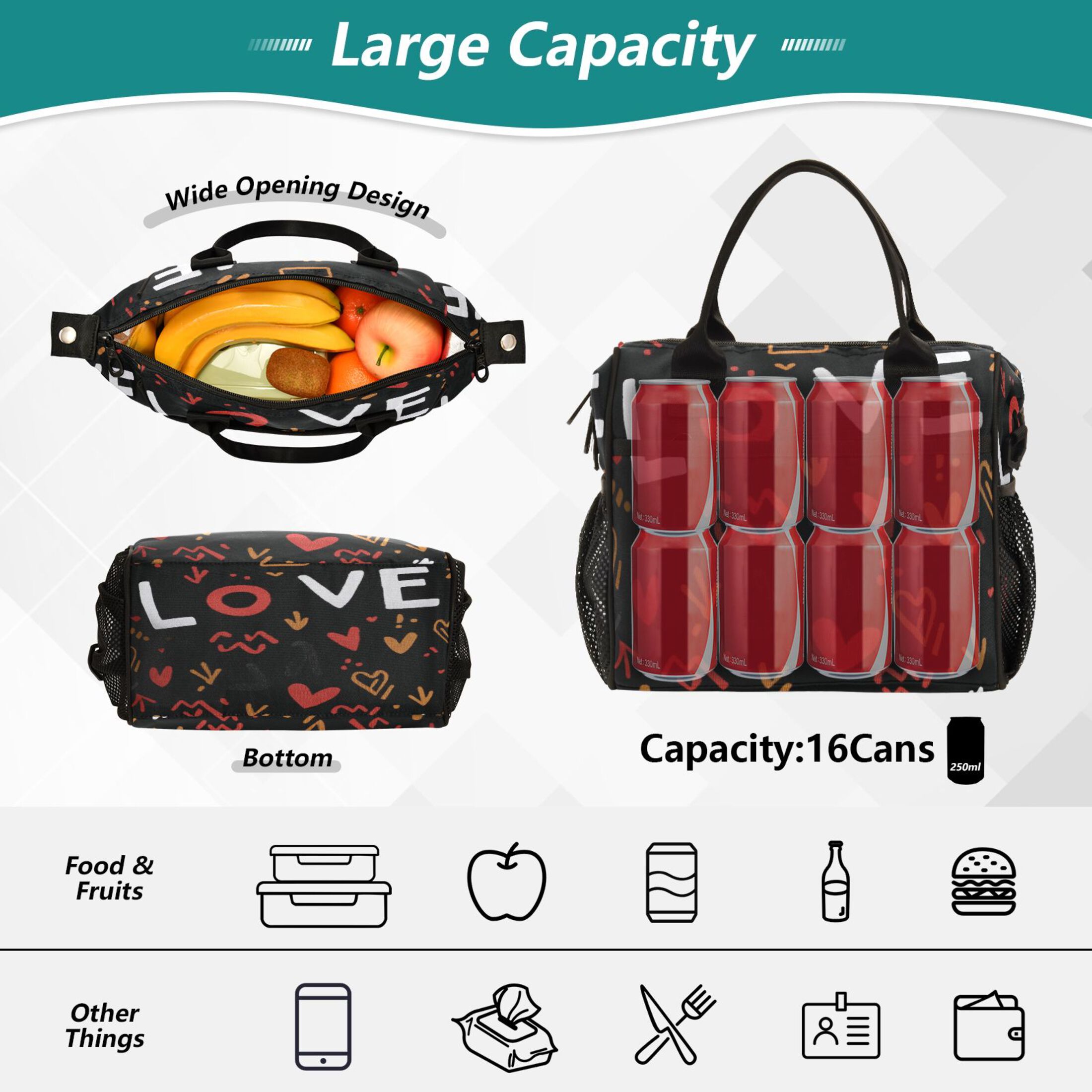 Iauyy Insulated Thermal Lunch Tote Bag for Women - S/M Sizes Portable Picnic Work Bag ,“love” Character Background