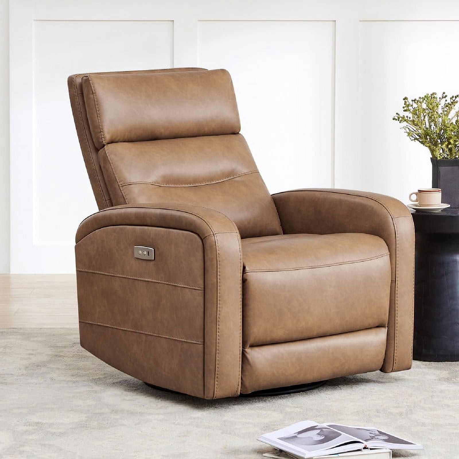 CHITA Power Glider Recliner Chair, 270° Swivel Recliner with USB & Type-C Charge for Nursery, Faux Leather in Camel