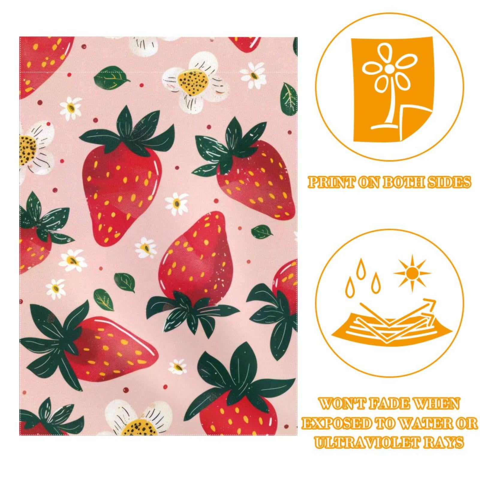 Strawberries and Cute Flower on Pink Background Double Sided Garden Flag Decorative Weather Resistant Yard Flag, Large DIY Vertical Flag for Farmhouse Patio Lawn, 28x40 Inch