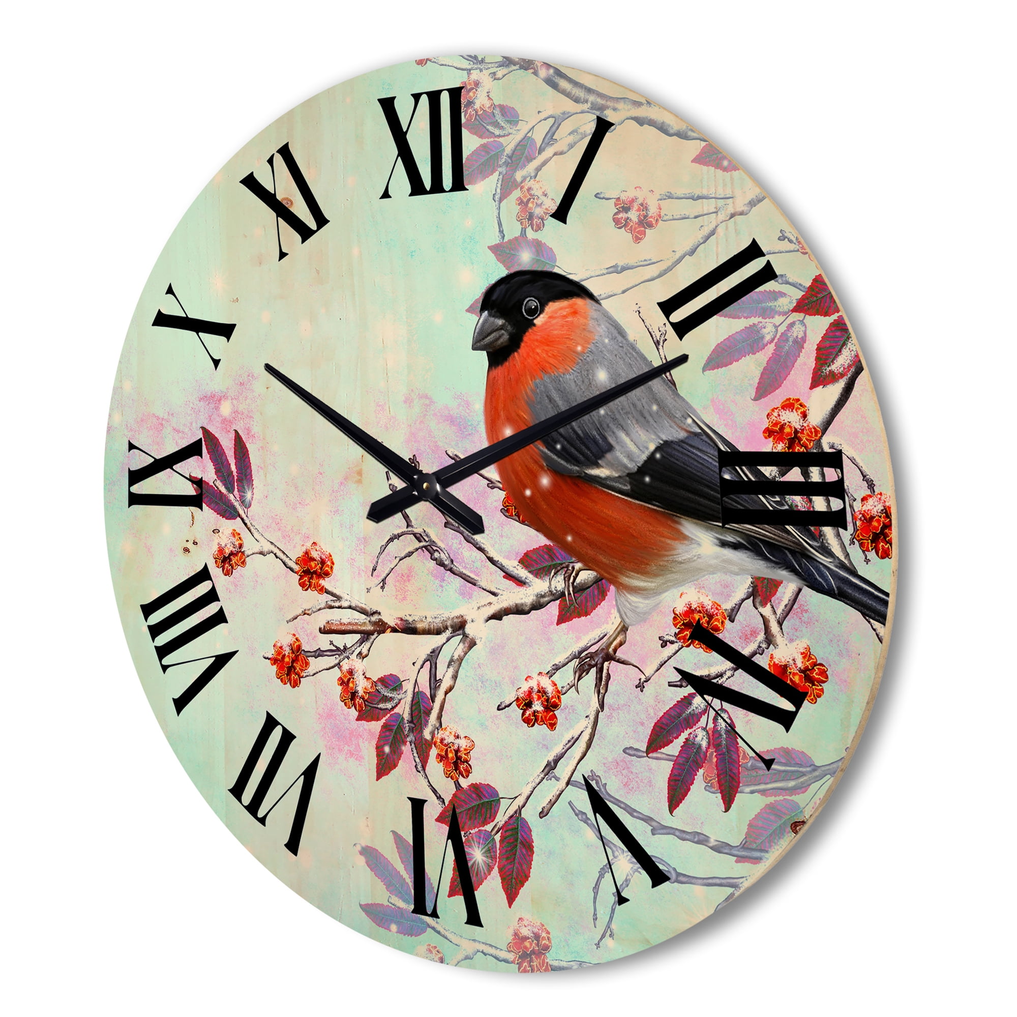 Designart 'A Bright Bullfinch Bird Sitting On A Branch' Traditional Wood Wall Clock