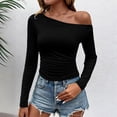 thumbnail image 3 of XRoczxe Women Off Shoulder Long Sleeve Top Ruched Slim Fit Solid Blouse Soft Stretch Casual Shirt, Can Be Worn Alone or Layered, 3 of 3