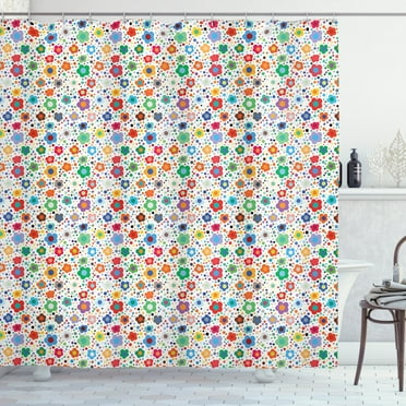 Flower Shower Curtain, Hippie Style Floral Pattern with Multiple Petals Irregularly Placed on Background, Fabric Bathroom Set with Hooks, 69W X 70L Inches, Multicolor, by Ambesonne