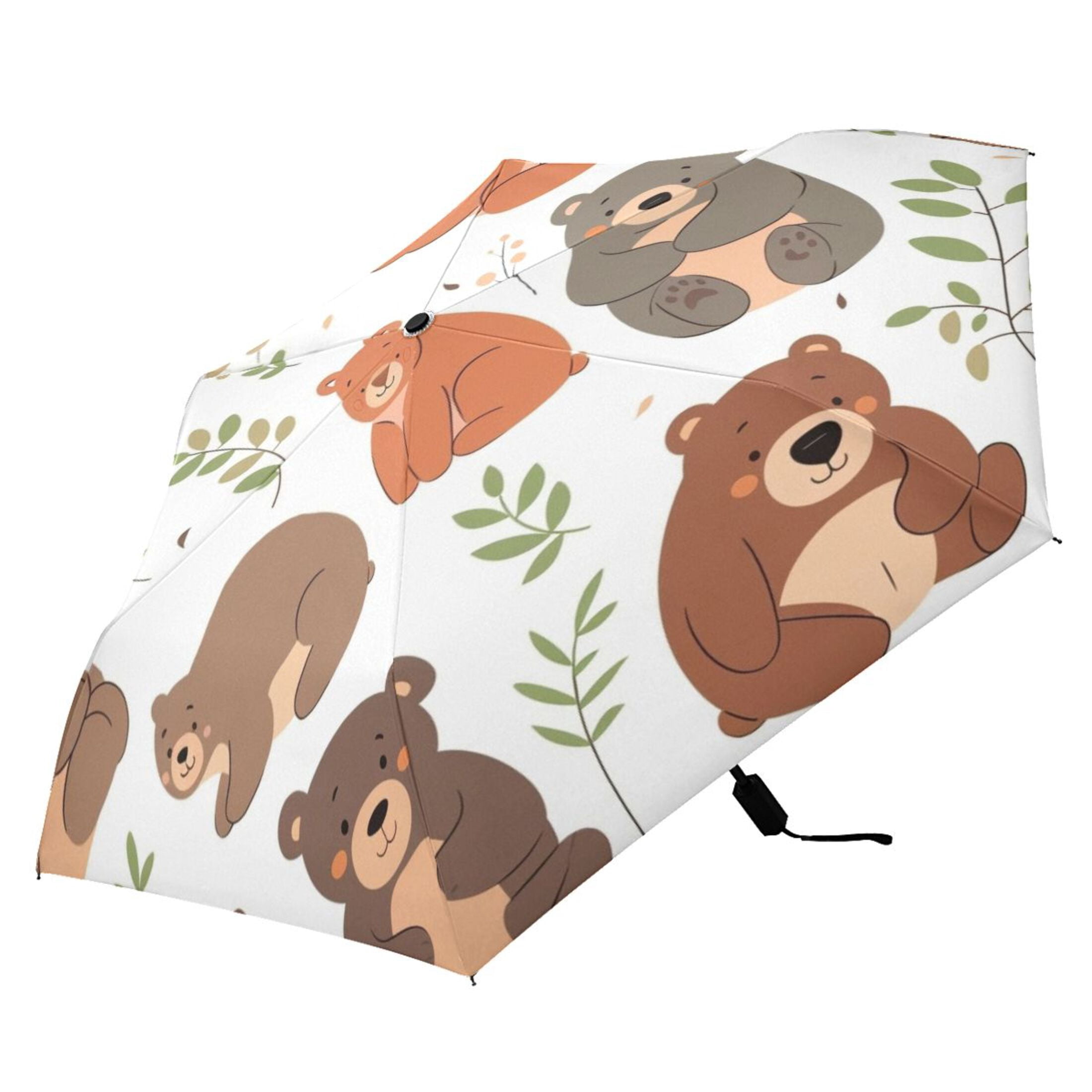 Compact Sun Umbrella Windproof Travel Umbrellas for Rain Strong Portable UV Protection Cute Bears with Leaf