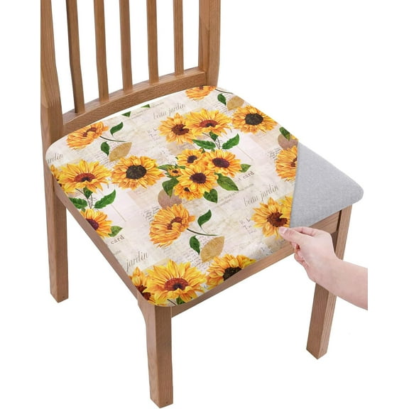 Sunflower Seat Covers for Dining Room Chairs Set of 4, Floral Stretchy Dining Chair Cushion Covers, Removable Washable Furniture Protector Rustic Newspaper Clipping Slipcovers for Office