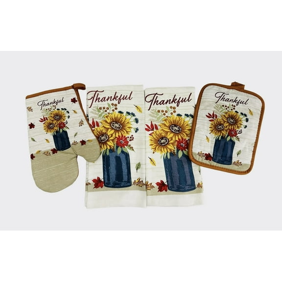 Serafina Home 4-Piece Farmhouse Fall Thankful Sunflower Cotton Kitchen Linen Set