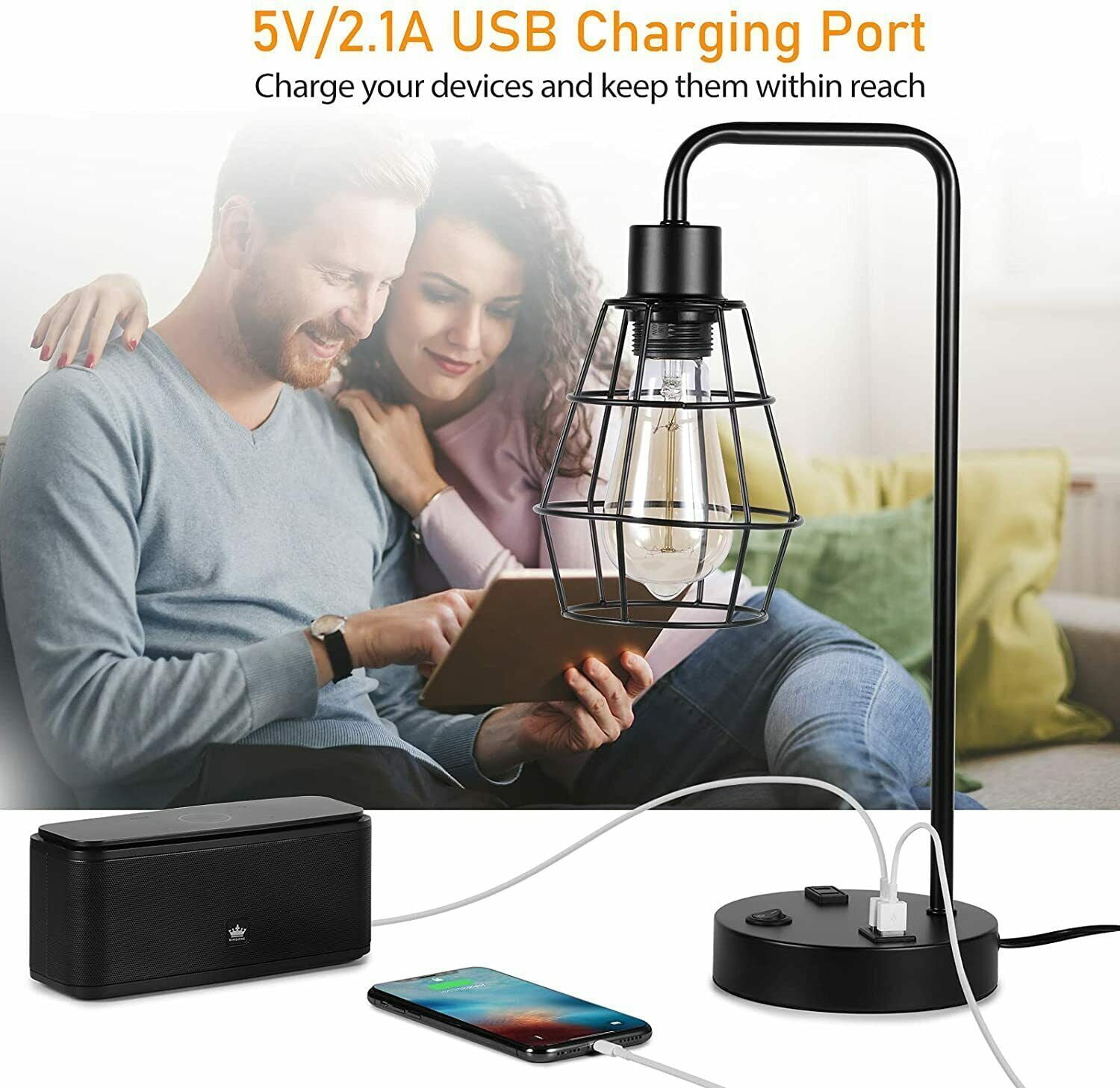2 Pcs Industrial Table Lamp Nightstand Bedside Lamps w/ Dual USB Ports AC Outlet