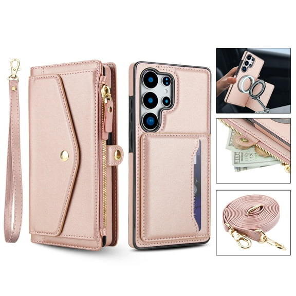 For Samsung Galaxy S22 Plus Crossbody Wallet Phone Case,Magnetic Detachable Flip,With Shoulder Strap&Wrist Strap,Zipper Pocket,Card&Cash Slots,PU Leather Shockproof Rugged Phone Case,Rosegold