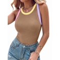 thumbnail image 3 of Women's Round Neck Color Block Bra Lined Tank Top Khaki S, 3 of 8