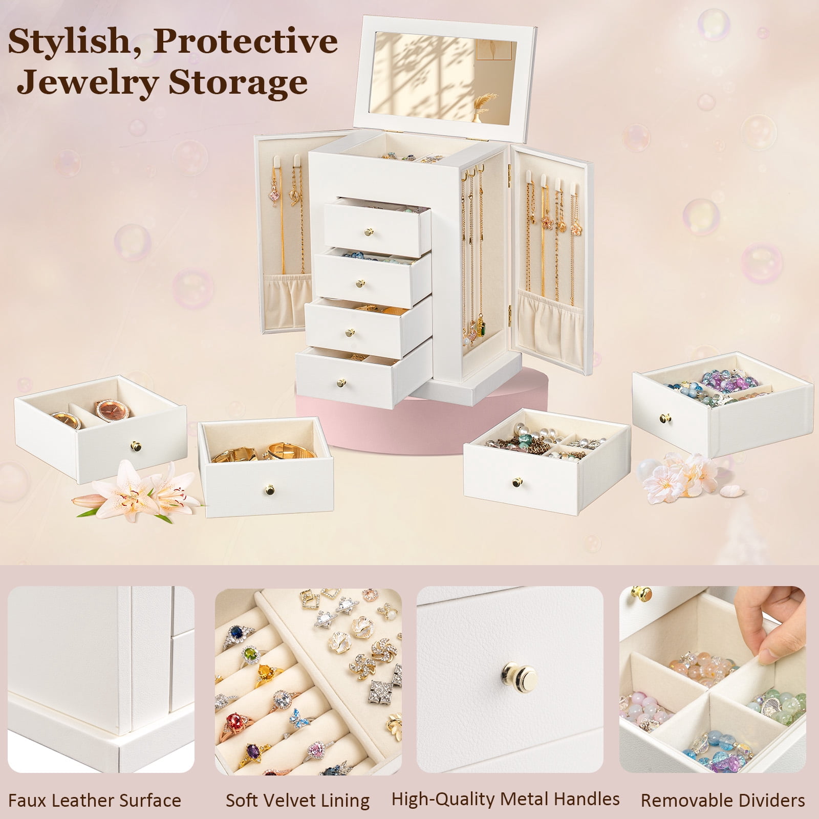 Jewelry Box for Women, 5 Layer Large Leather Boxes & Organizers for Necklaces Earrings Rings Bracelets, Organizer with Drawers and Mirror, White