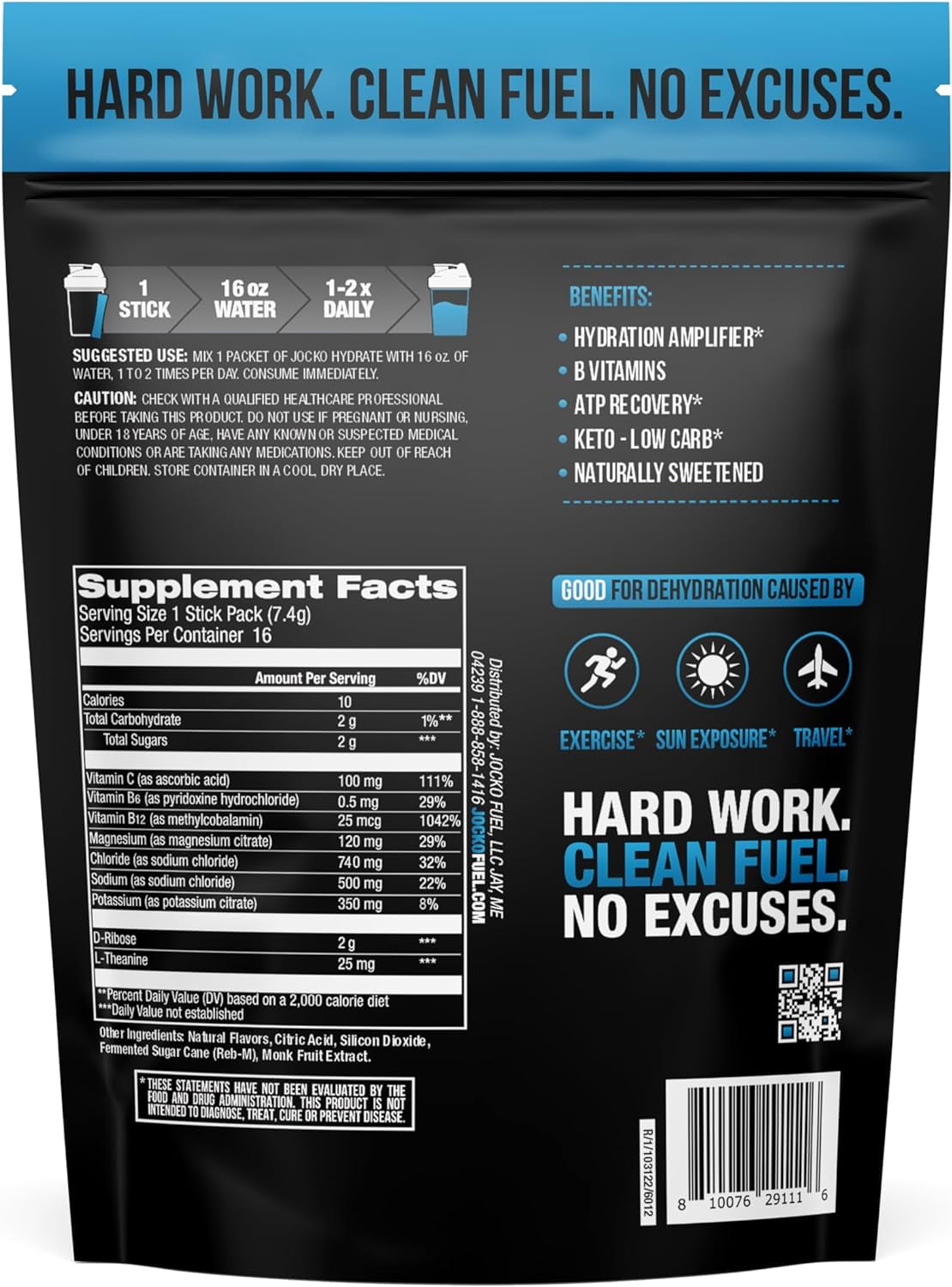 Jocko Fuel Hydrate Electrolytes Powder Packets - No Sugar, 16 Packets (Blue Raspberry)