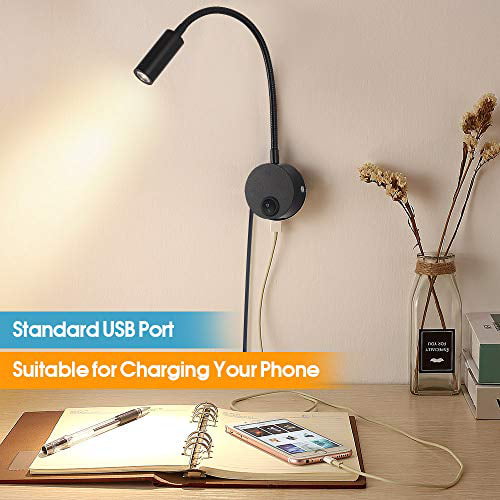 Details about  / Bedside Reading Wall Light with USB Charging Port LED Wall Mounted Lamp Flexi...