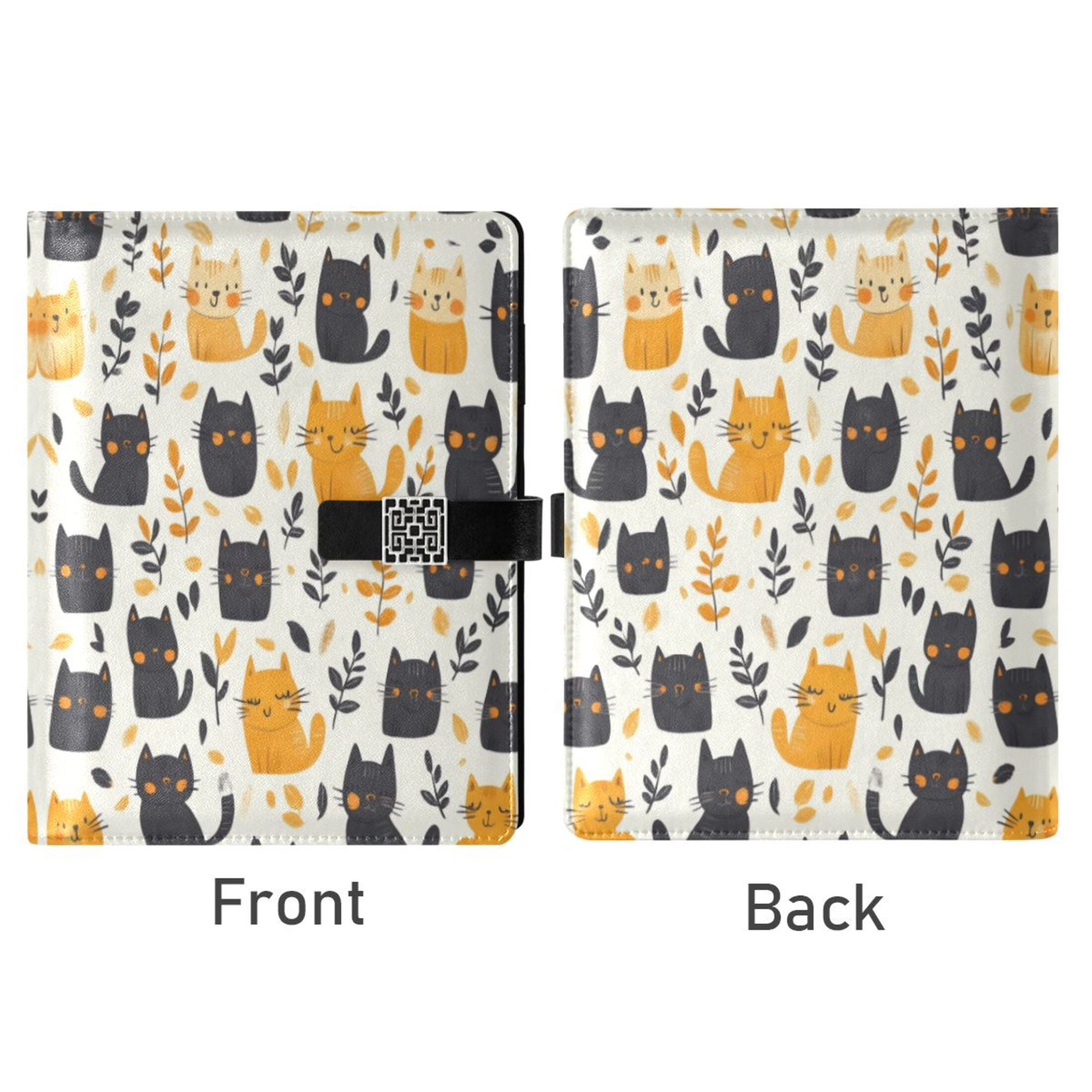 Leather Planner Leather Notebook Notebook Journal Binder Design Pen Pocket Design Convenient for Storage Cartoon Black and Gold Cat