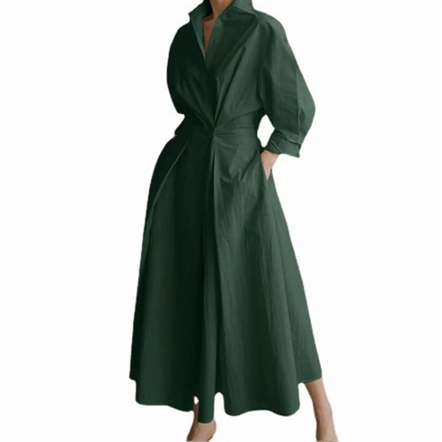 Women's Polo Collar Long Sleeve Maxi Dress - Ankle-Length, Elastic, Button Detail, Polyester