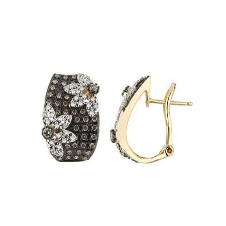 14K Yellow Gold 0.94ct Sunflowers Micropave Brown Diamond Huggie Earrings