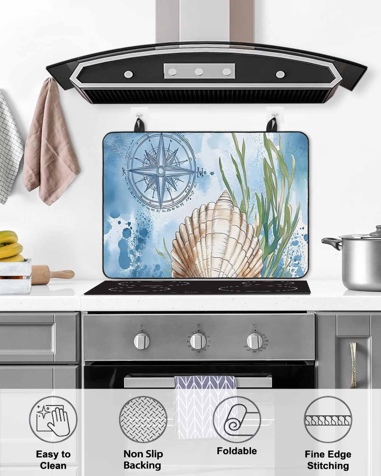 nqOlkjepod Large Induction Cooktop Protector Mat 31"x24", Coastal Nautical Stove Top Covers for Electric Stove, Summer Ocean Shell Seaweed Decorative Stove Burner Cover Mats, Glass Top Stove Cover