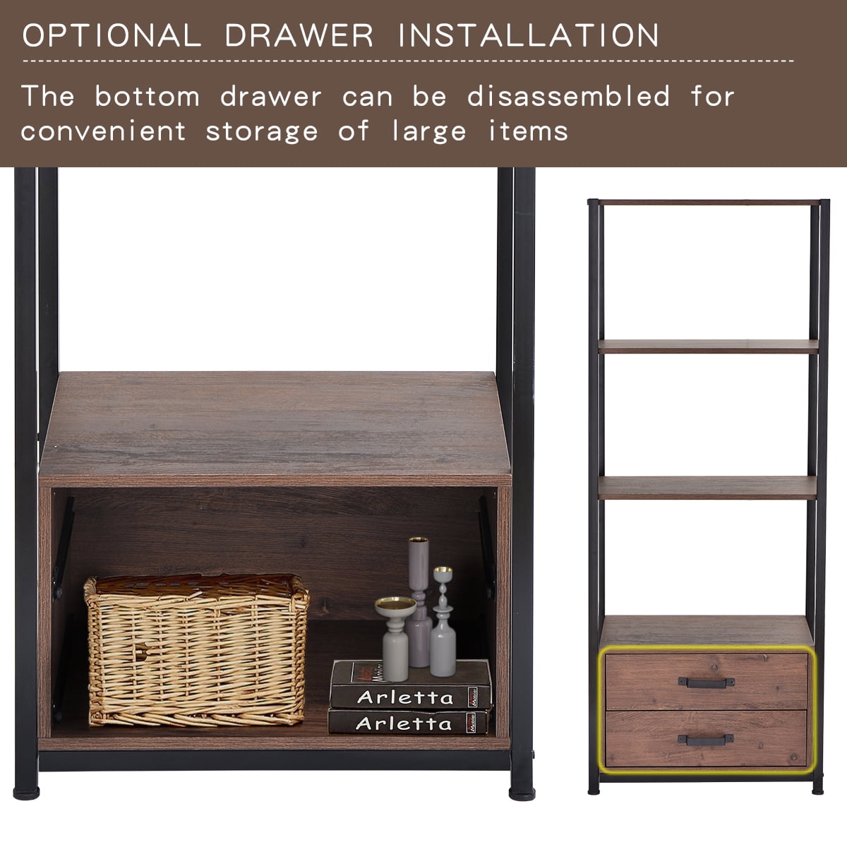 Kepooman 4-Tier Rustic Standing Bookshelf with 4 Open Storage Shelves & 2 Drawers, 23.6"L x 15.7"W x 59.8"H, Brown Kepooman 4-Tier Rustic Standing Bookshelf with 4 Open Storage Shelves & 2 Drawers, 23.6"L x 15.7"W x 59.8"H, Brown