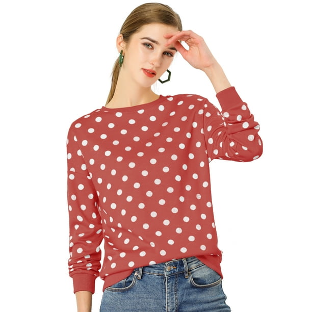 Jersey De Punto De Lunares De Manga Larga Con Cuello Redondo Elástico De Invierno Otoño Para Mujer Rojo S