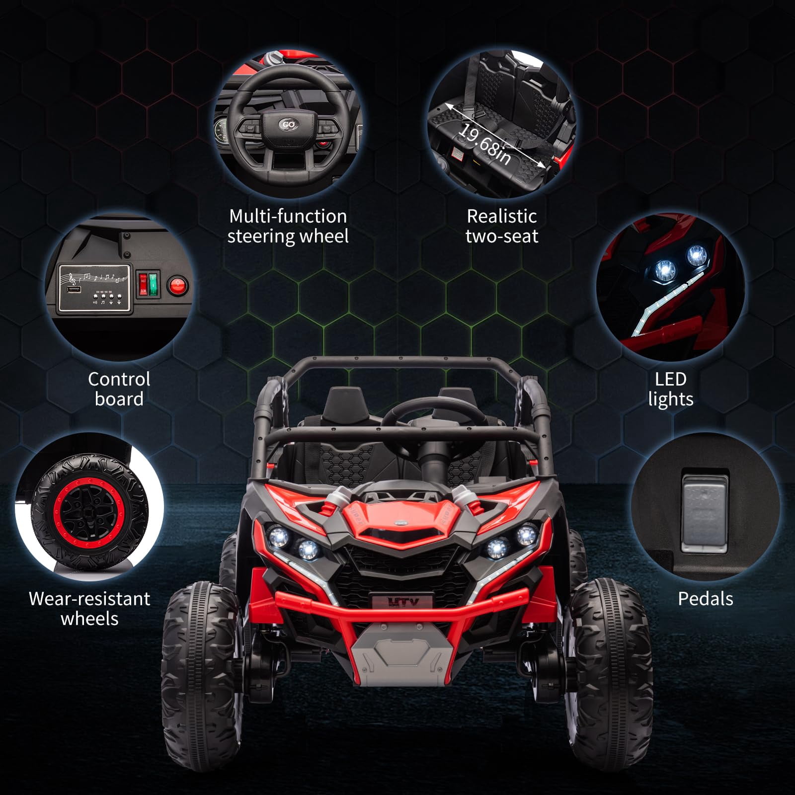 Luku 24V 2-Seater 4WD Kids Ride-On UTV, Parent Remote Control, 4 Shock Absorbers, LED Lights, Music, 3-Speed, Off-Road Electric Truck for Ages 3+
