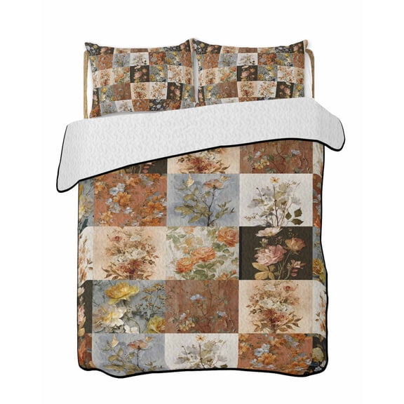 Quilts Queen Size Bedding Set, Floral Patchwork Reversible Summer Quilt 3 Pieces, Vintage Country Geometric Flower Lightweight Bedspreads Coverlets with 2 Pillow Shams for All Seasons