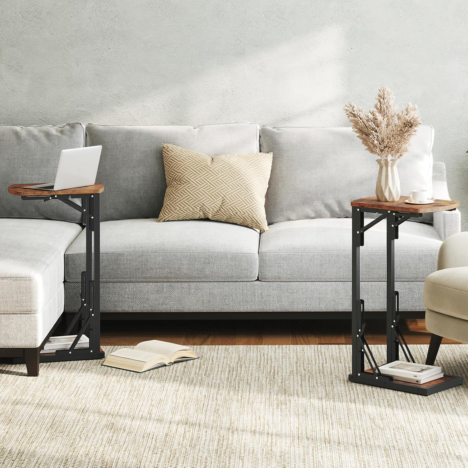 Folding C Shaped End Table, Adjustable Small Sofa Side Laptop Desk, Foldable Couch TV Tray Table for Small Spaces, Living Room, Bedroom, Rustic Brown ETHR4101