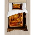 thumbnail image 3 of Fall Duvet Cover Set King Size, Fall Foliage View from Square Shaped Wooden Window inside Cottage Rustic Life Photo, Decorative 3 Piece Bedding Set with 2 Pillow Shams, Orange Brown, by Ambesonne, 3 of 3