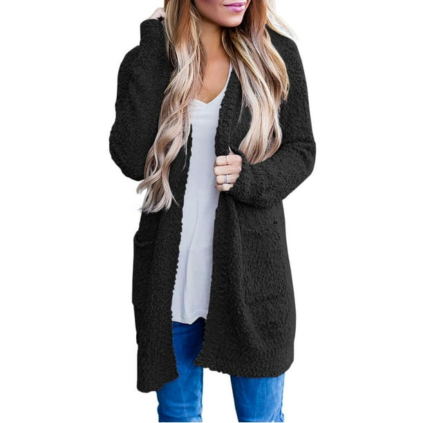 ICHUANYI Clearance Womens Ladies Solid Open Front Soft Chunky Pocket Long Sleeve Coat Outerwear Cardigan(Black, M) ICHUANYI WER2023081201149