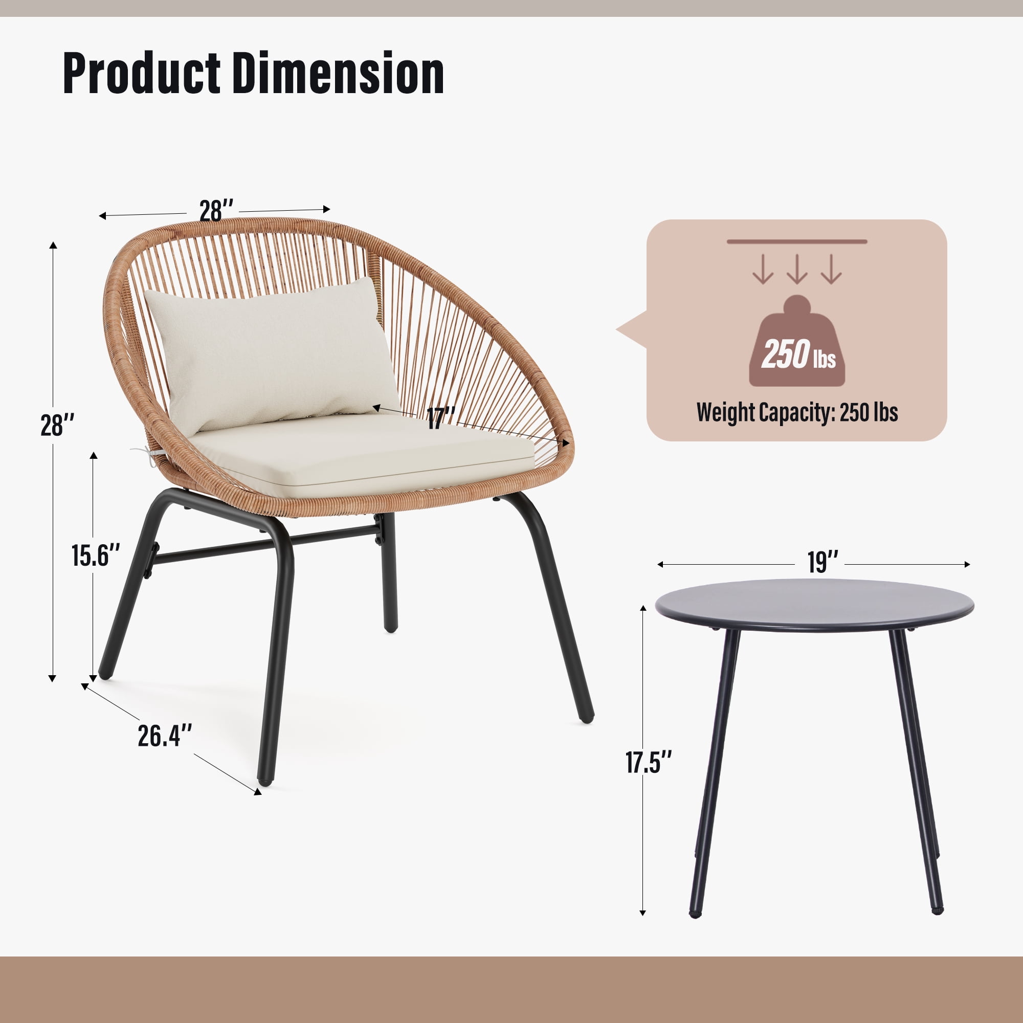 LAUSAINT HOME 3 Pieces Patio Bistro Set, Outdoor Furniture with 2 Chairs and 1 Coffee Table, Beige Cushions, Linear Weave Design