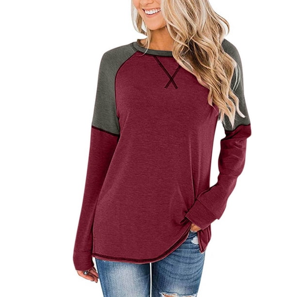 Top informal de costura de Color sólido con cuello redondo a la moda para mujer de manga larga de otoño e invierno Pompotops FGAJ5199