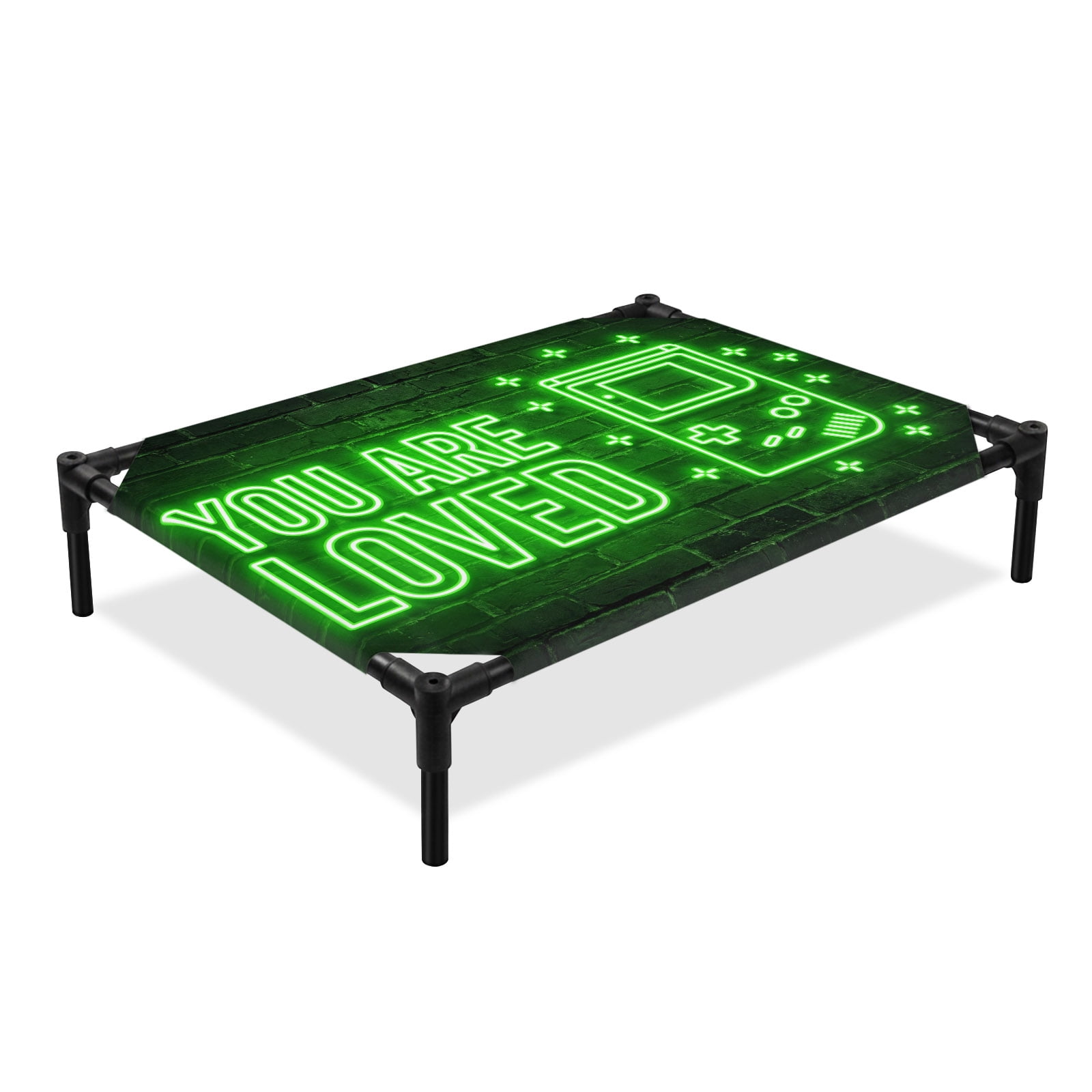 Art Gaming Icons Elevated Dog Bed Multi Panel Neon Letter Green Modern Cooling Breathable Outdoor Raised Dog Cot Bed with Metal Frame Non-Slip Feet for Large Dog 28x22in