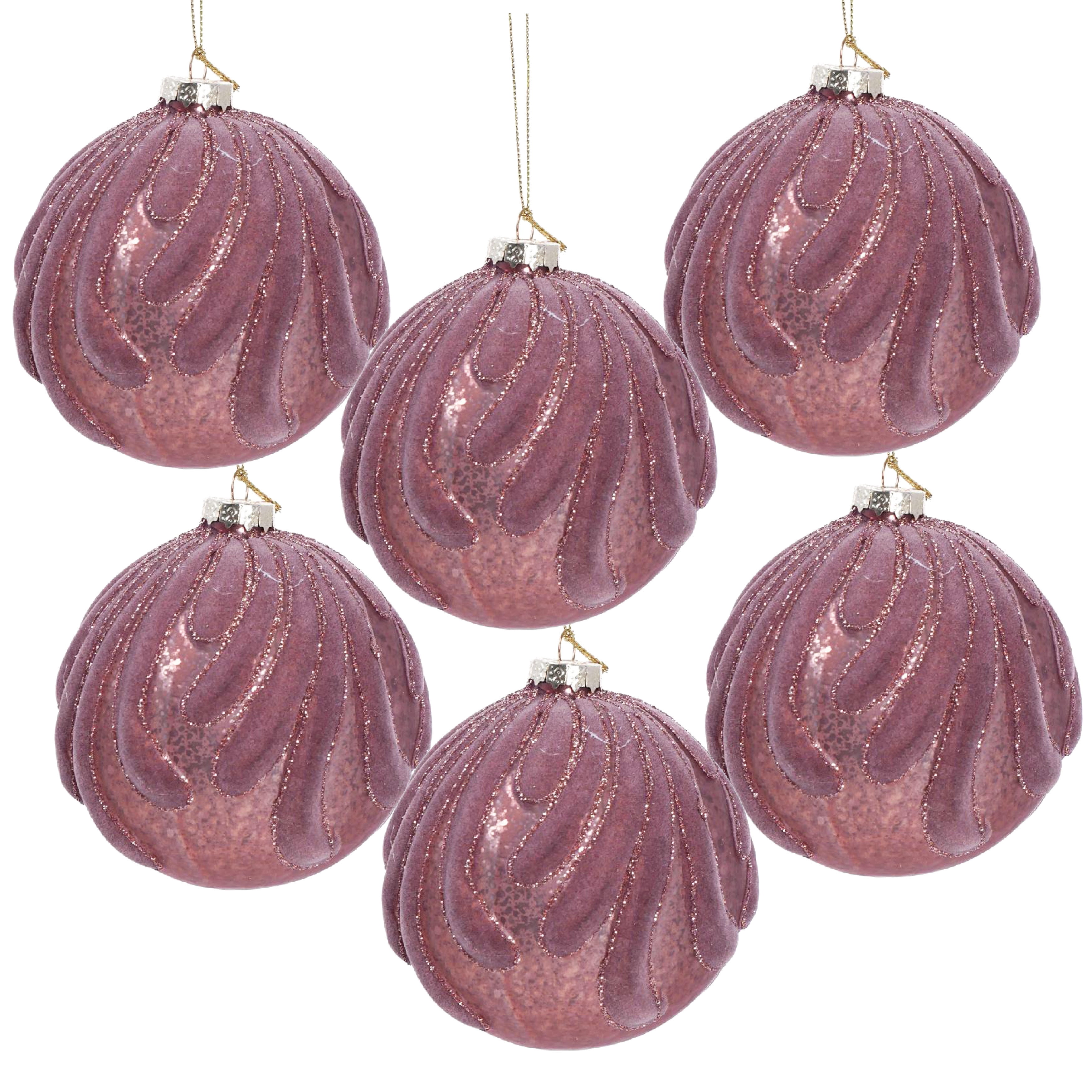 Set of 6 Glass Christmas Ball Ornaments with Glitter and Flocking Design by Riccardo Tree Decor