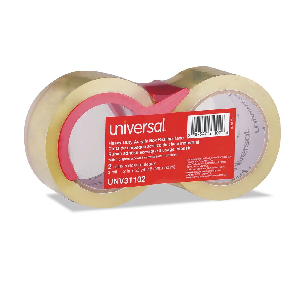 Universal UNV31102 3 in. Core 1.88 in. x 54.6 Yards Heavy-Duty Acrylic Box Sealing Tape with Dispenser - Clear (2/Pack)