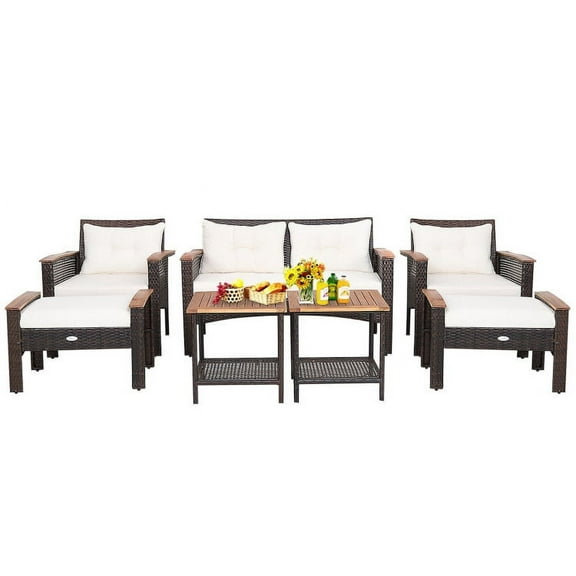 Resenkos 4 Pieces Patio Rattan Acacia Wood Furniture Set, Wicker Furniture Sets, Patio Conversation Sets with Cushions and Armrest