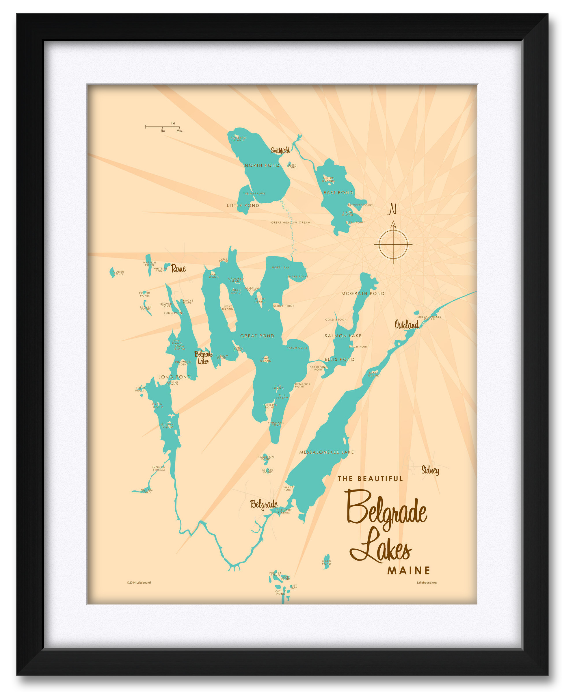Belgrade Lakes Maine Map Framed & Matted Art Print by Lakebound . Print