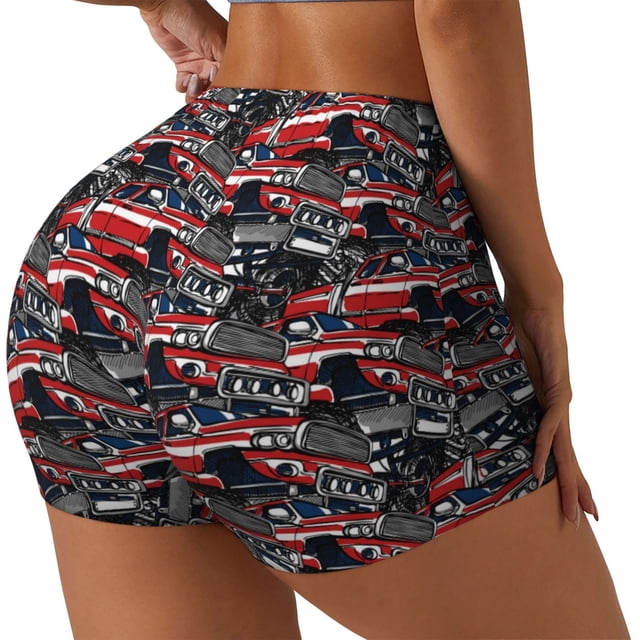 Fotbe Red And Blue Cars Shorts Sin Costuras – Shorts Deportivos de Cintura Alta para Mujer, Elásticos para Gimnasio, Yoga, Running o Ciclismo-Small