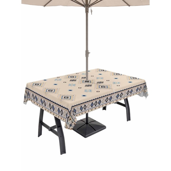 Outdoor Tablecloths with Umbrella Hole & Zipper, Boho Geometric Rectangle Tablecloth 60x120 Inch, Retro Rustic Chic Ethnic Abstract Patterned Waterproof Table Cloth, Patio/Pool/Picnic Table Covers