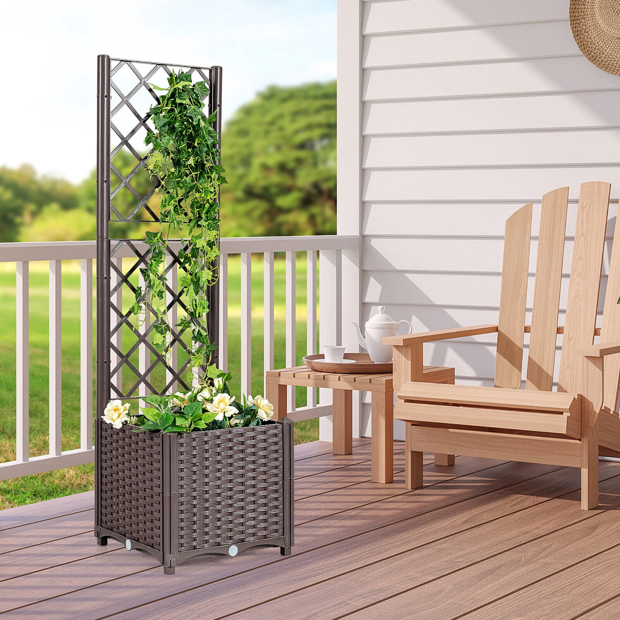 Gymax Raised Garden Bed w/Trellis Planter Box for Climbing Plants 16'' x 16'' x 53''